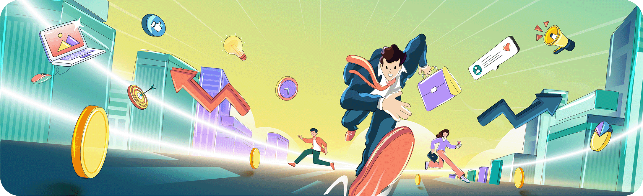 Illustration of professionals racing towards digital growth, representing the fast-paced nature of digital marketing and thought leadership.