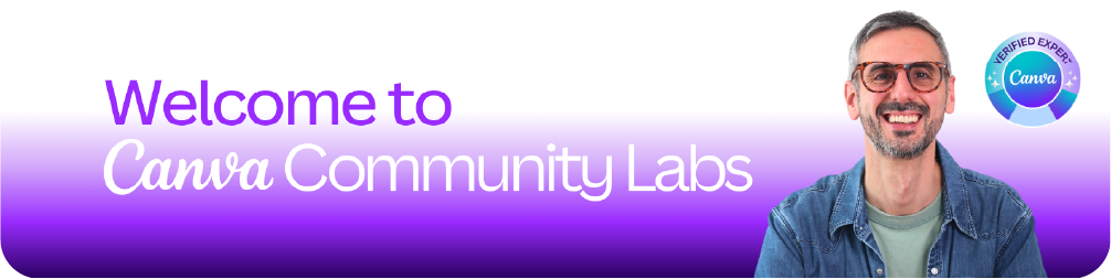 A purple and white gradient banner featuring the text "Welcome to Canva Community Labs" alongside a photo of educator Ronny Hermosa and a "Canva Verified Expert" badge.
