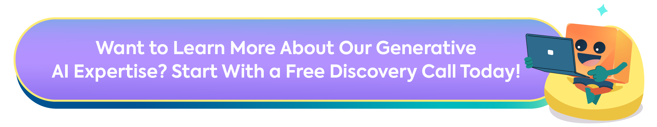 Call to action banner for a free discovery call to learn about generative AI expertise with a cute character mascot.