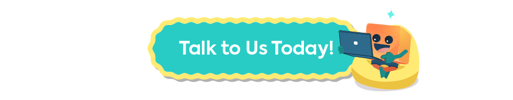 A vibrant teal call-to-action button for Iris Creatives reading "Talk to Us Today!" featuring a friendly orange mascot sitting in a beanbag chair with a laptop.