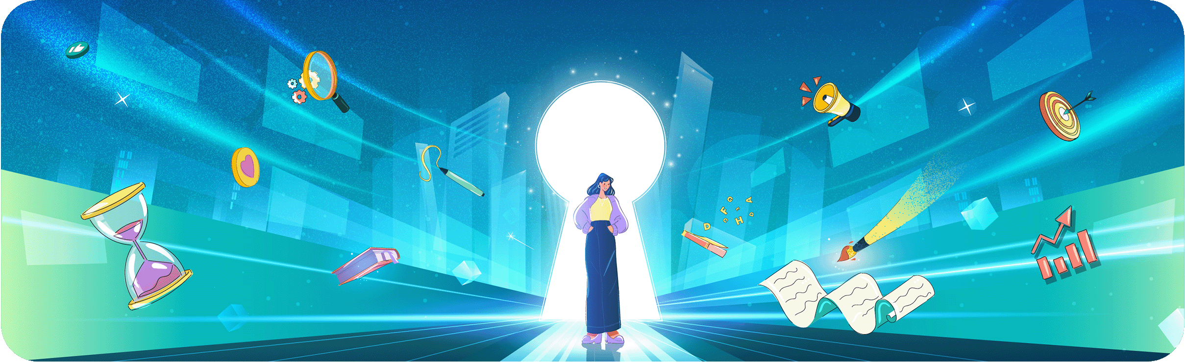 Illustration of a female founder standing in a bright keyhole doorway, surrounded by floating marketing icons like megaphones, charts, and magnifying glasses, symbolizing a founder-led content strategy unlocking business growth.