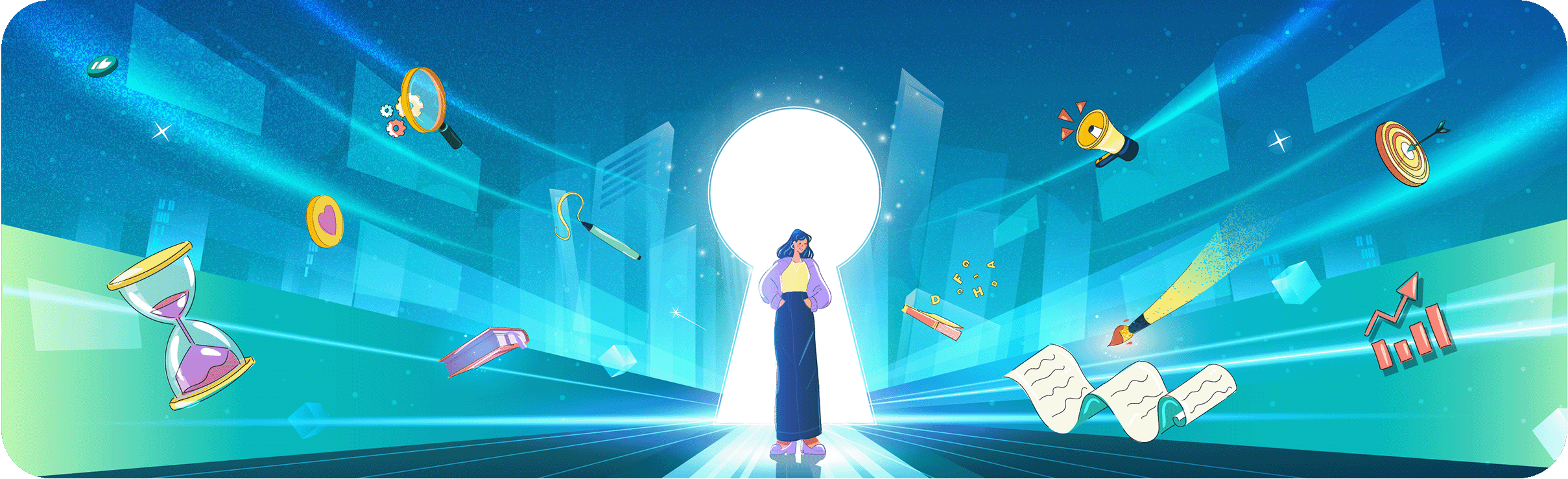 Illustration of a female founder standing in a bright keyhole doorway, surrounded by floating marketing icons like megaphones, charts, and magnifying glasses, symbolizing a founder-led content strategy unlocking business growth.
