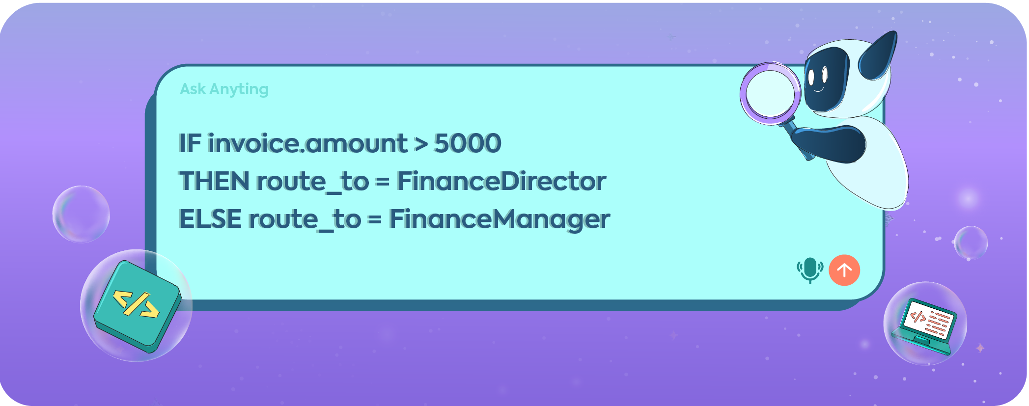 Visual representation of automation logic showing an IF-THEN-ELSE statement routing invoices over 5000 to a Finance Director and others to a Finance Manager.