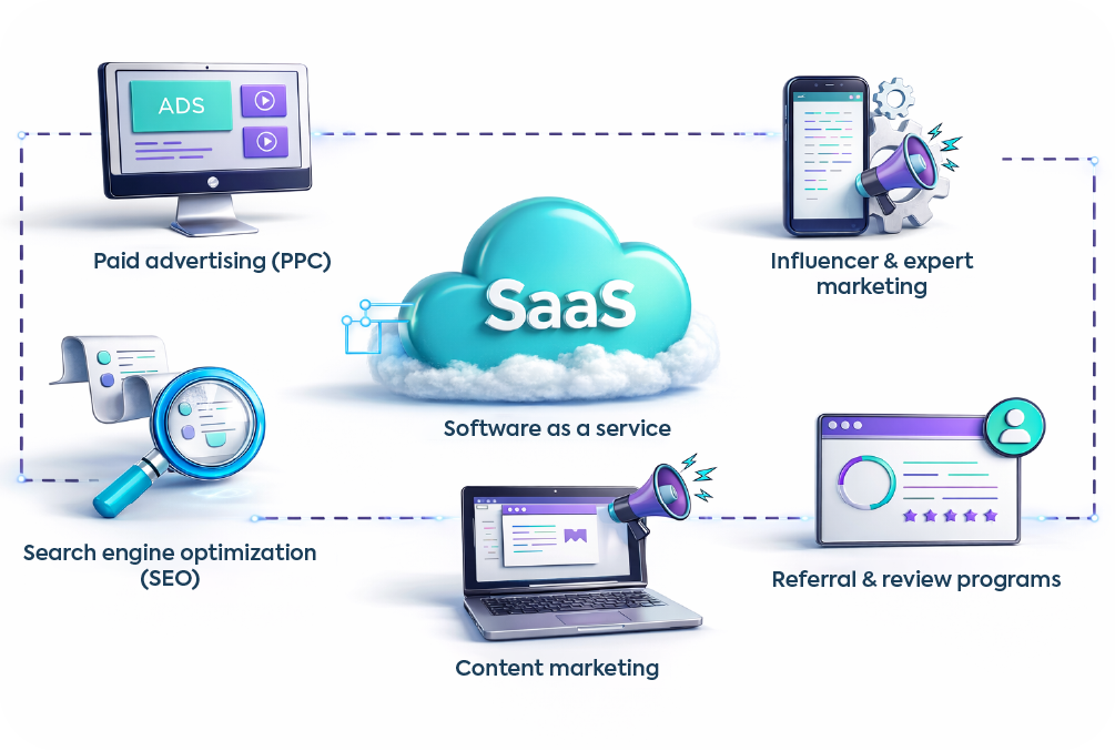 SaaS marketing ecosystem diagram showing SEO, PPC, influencer marketing, content marketing, and referral programs.