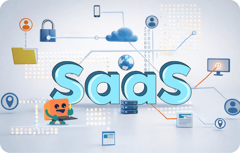 3D illustration of "SaaS" text surrounded by digital connectivity icons, cloud storage, and a cartoon character.