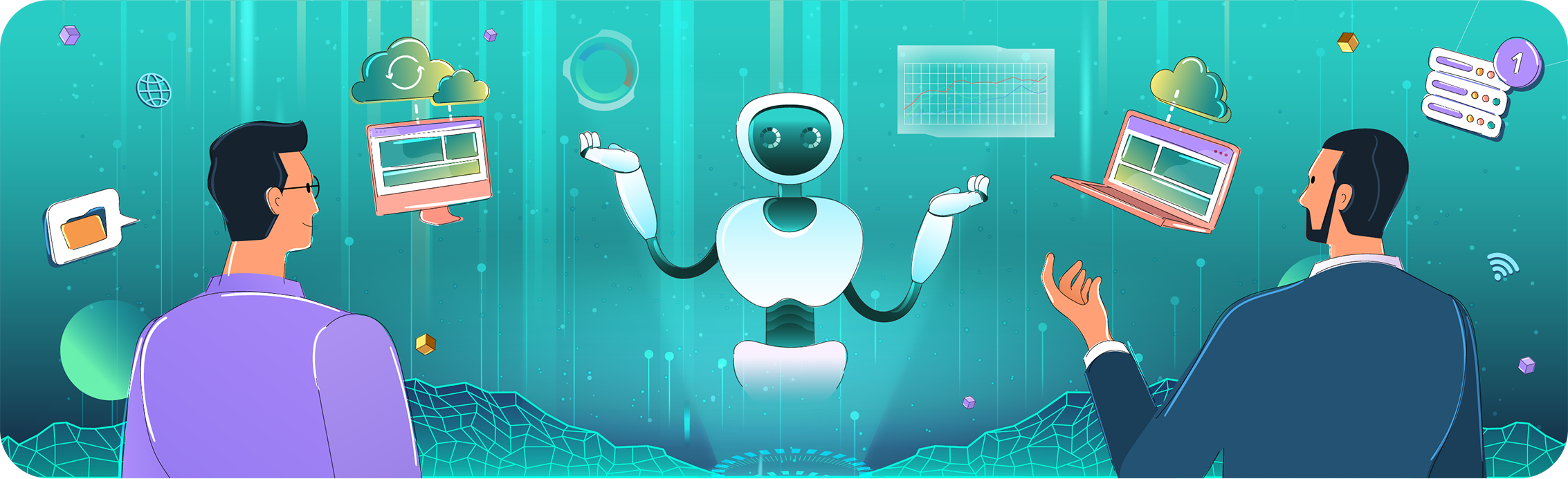 Strategic implementation of Generative AI for SaaS companies showing humans collaborating with AI interfaces.