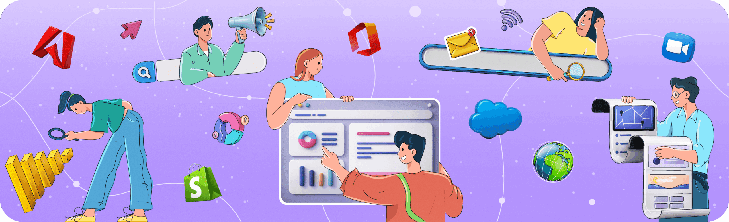 llustrative banner showing a team of professionals interacting with digital marketing tools and software icons including Adobe, Microsoft Office, Shopify, and Zoom on a purple background