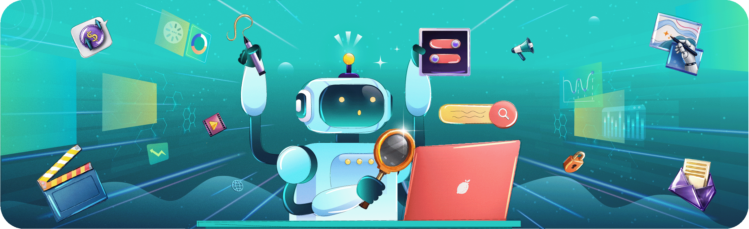 Illustration of an AI robot multi-tasking with creative tools like a laptop, magnifying glass, and film slate to represent the future of creative production.