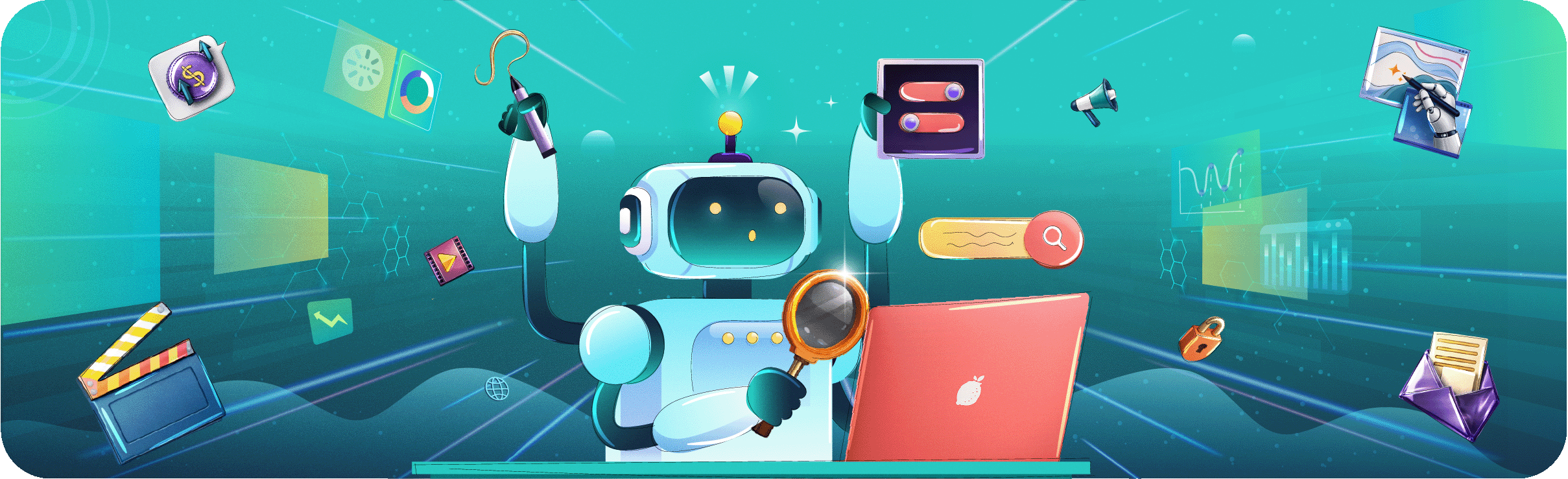 Illustration of an AI robot multi-tasking with creative tools like a laptop, magnifying glass, and film slate to represent the future of creative production.