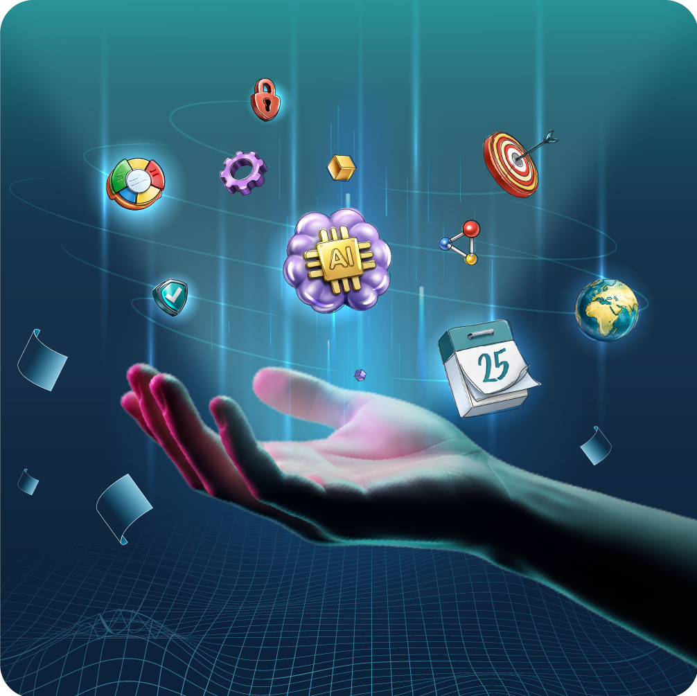 Digital hand holding a Generative AI brain icon surrounded by SaaS operational metrics like security and global growth.