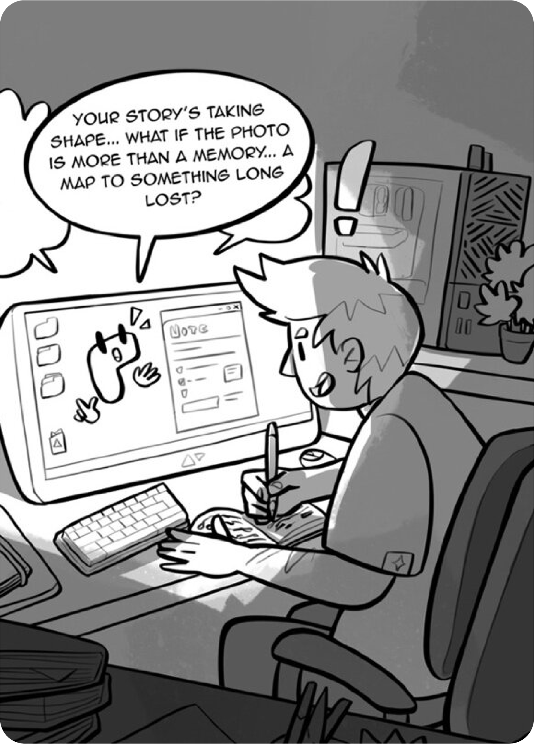 Black and white comic illustration of a digital artist at a computer engaging in a creative dialogue with an AI assistant about storytelling and photo mapping