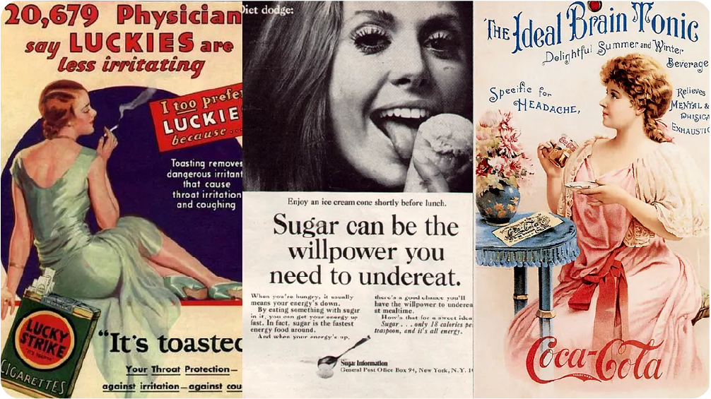 A collection of three vintage advertisements: a Lucky Strike cigarette ad, a "Sugar can be the willpower you need" ad, and a classic Coca-Cola "Ideal Brain Tonic" poster.
