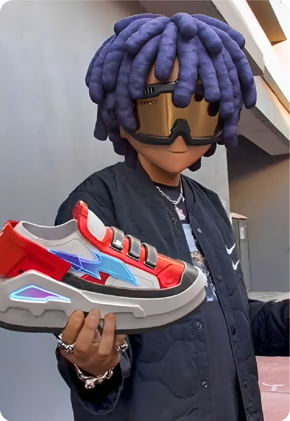 Digital creator or avatar holding a futuristic glowing sneaker representing the creator economy and modern product marketing.