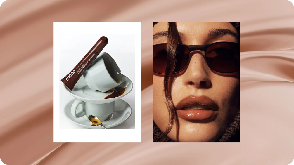 Close-up of Hailey Bieber wearing Rhode peptide lip tint next to an editorial product shot of the lip tint on espresso cups, showcasing founder-led beauty branding.