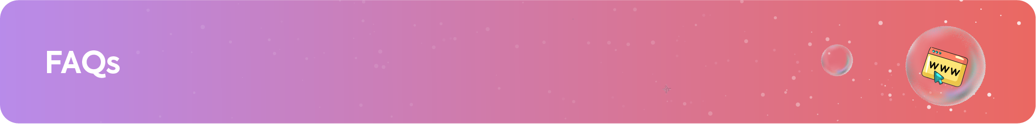 FAQs section header with a purple and red gradient background and an icon of a web browser with a cursor in a bubble.