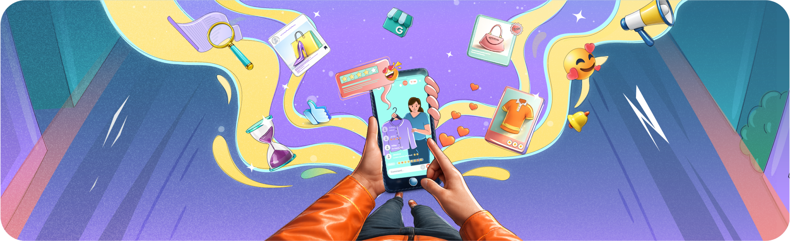 Illustration of a person using a mobile app surrounded by e-commerce icons, illustrating shortened SaaS sales cycles.