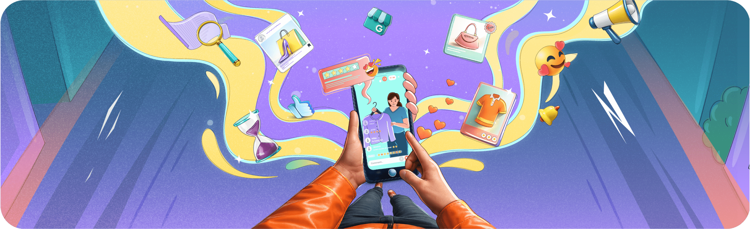 Illustration of a person using a mobile app surrounded by e-commerce icons, illustrating shortened SaaS sales cycles.