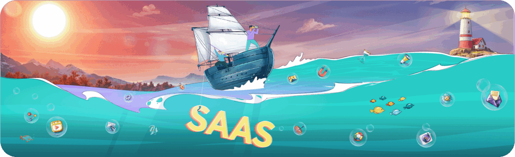 Artistic header illustration titled Standing Out in a Sea of SaaS: The Rise of Category-First Branding, depicting a ship sailing through a turquoise ocean under a sunset.