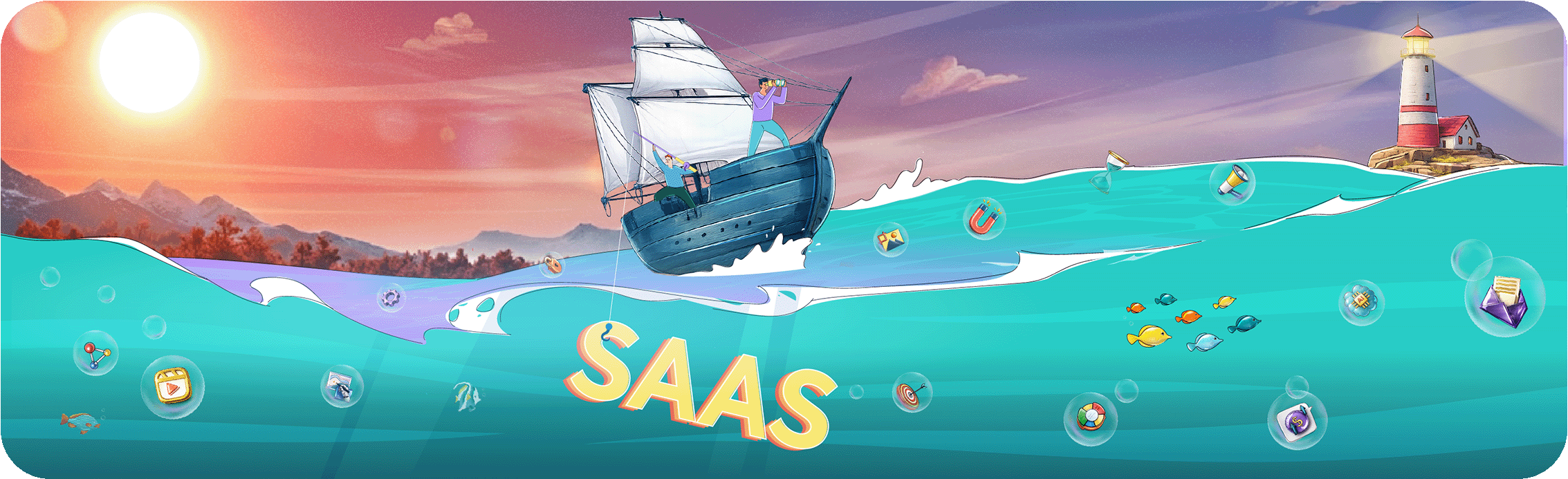 Artistic header illustration titled Standing Out in a Sea of SaaS: The Rise of Category-First Branding, depicting a ship sailing through a turquoise ocean under a sunset.