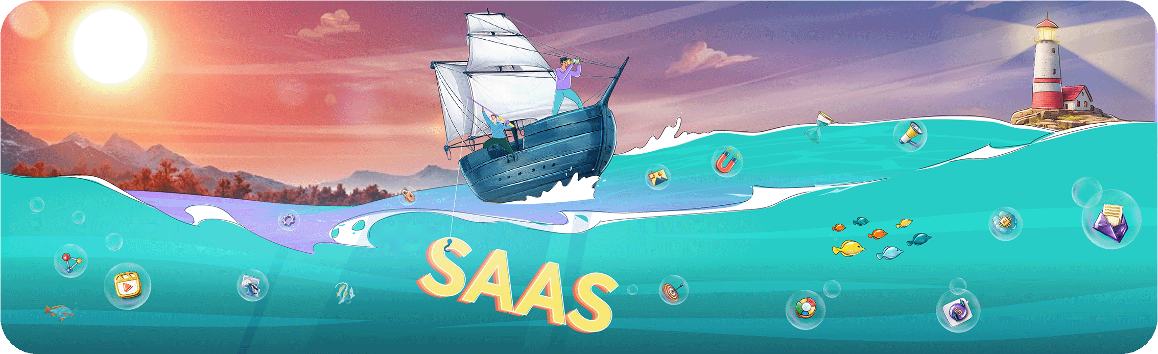 Artistic header illustration titled Standing Out in a Sea of SaaS: The Rise of Category-First Branding, depicting a ship sailing through a turquoise ocean under a sunset.