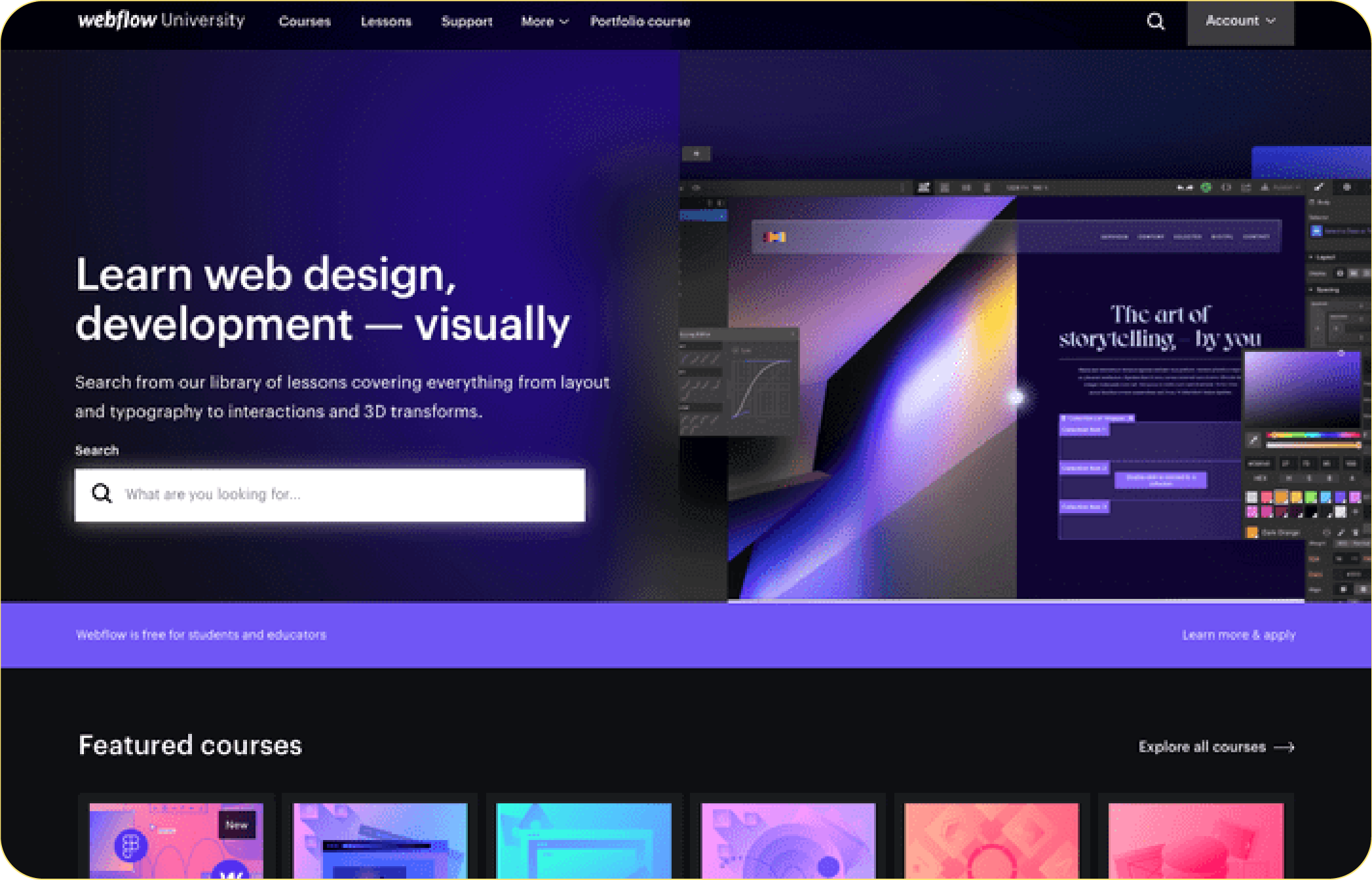 Screenshot of Webflow University homepage featuring visual web design and development courses.