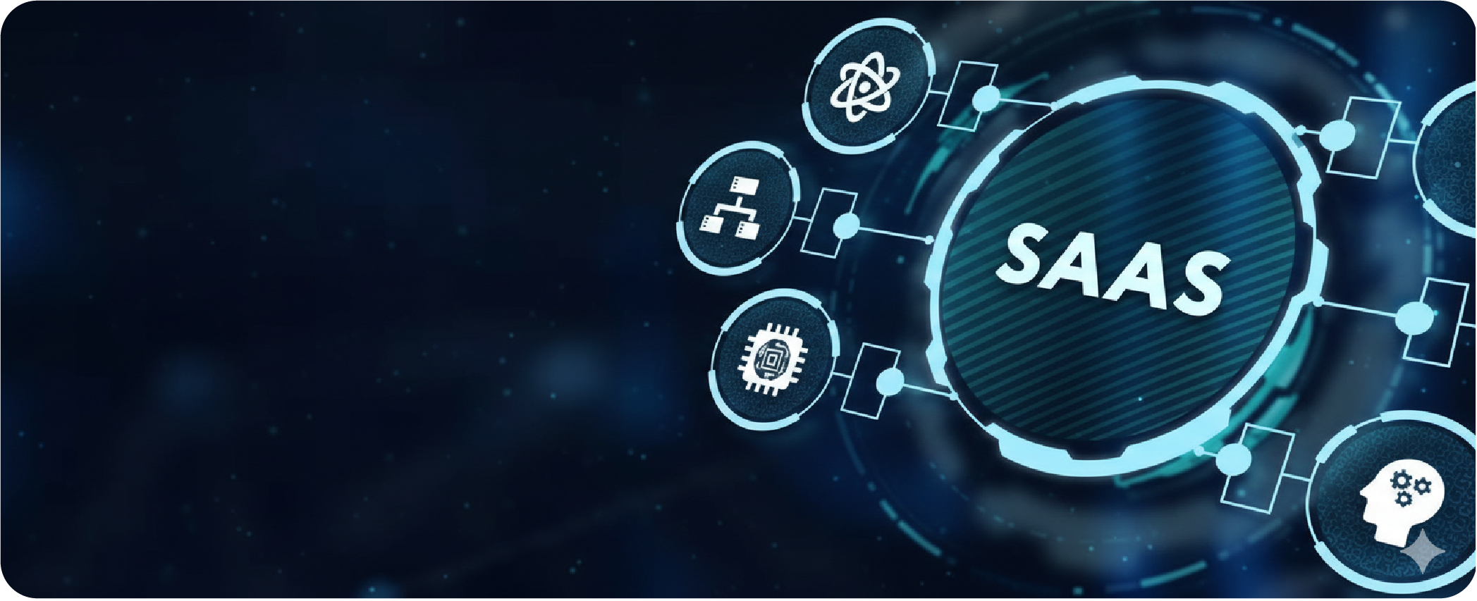 Digital SaaS ecosystem concept showing interconnected icons for cloud data, AI, and processing.