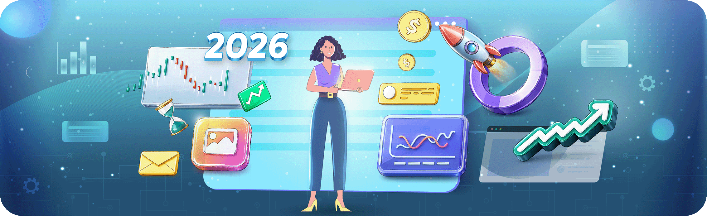 Conceptual illustration for 2026 SaaS startup ideas, featuring a person, charts, rocket ship, and financial icons.