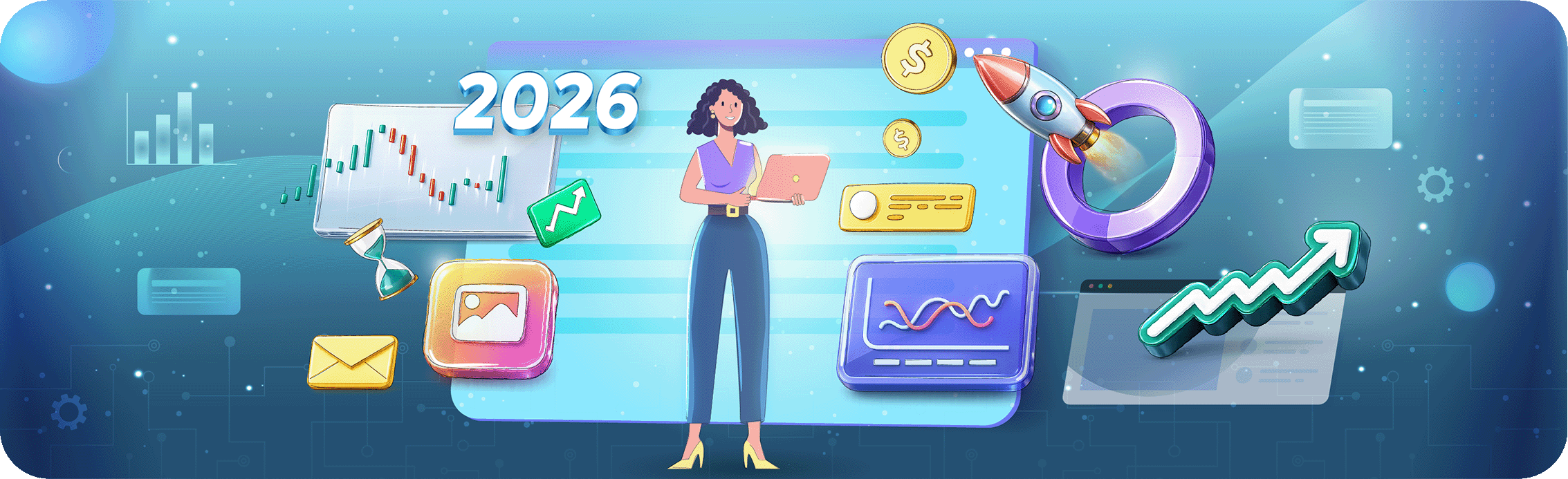 Conceptual illustration for 2026 SaaS startup ideas, featuring a person, charts, rocket ship, and financial icons.