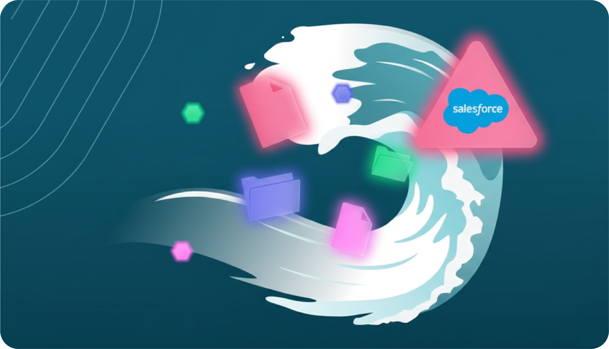 Abstract graphic featuring a Salesforce logo surrounded by colorful folders in a wave, representing data flow in modern SaaS.