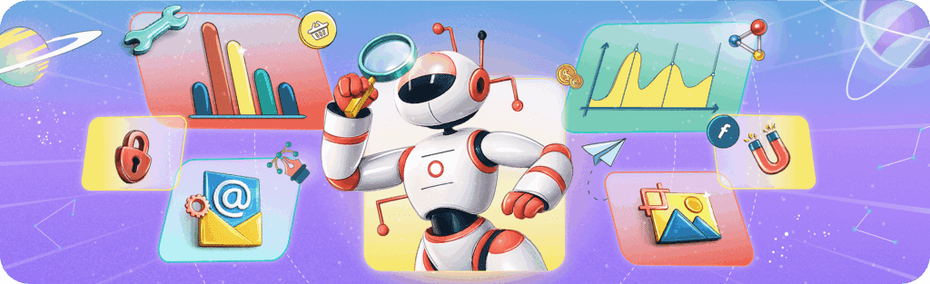 Illustration of a friendly white and orange robot examining data icons with a magnifying glass, representing essential AI features for modern SaaS products.