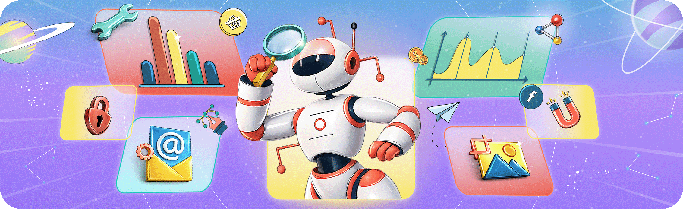 Illustration of a friendly white and orange robot examining data icons with a magnifying glass, representing essential AI features for modern SaaS products.