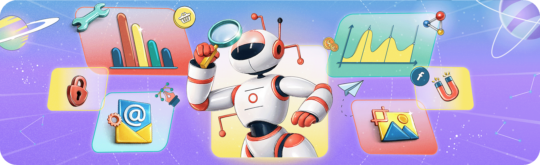 Illustration of a friendly white and orange robot examining data icons with a magnifying glass, representing essential AI features for modern SaaS products.