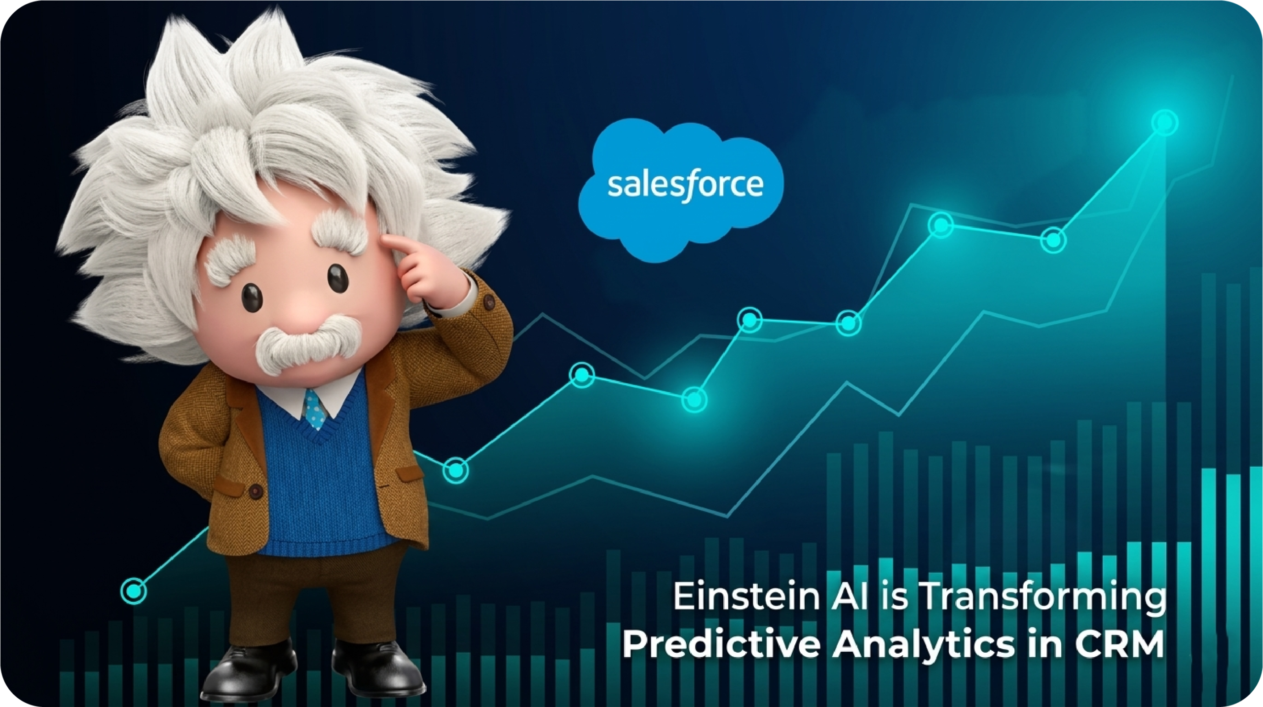 Salesforce Einstein AI character pointing to head next to a rising blue line graph, captioned Einstein AI is Transforming Predictive Analytics in CRM.